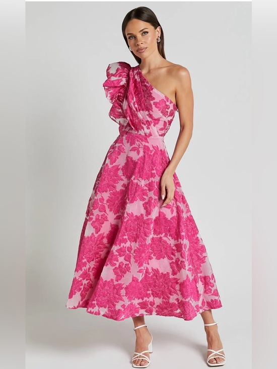 Showpo. Dresses & Skirts - Showpo Hot Pink One-Shoulder Floral Ruffle Maxi Dress